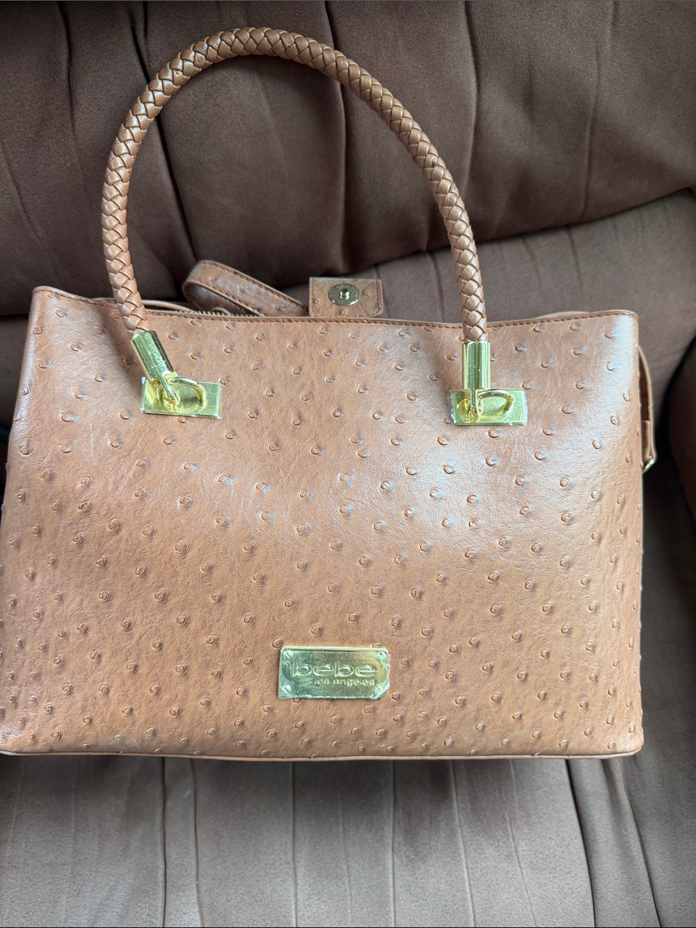 bebe Tan Embossed Satchel with Braided Handles